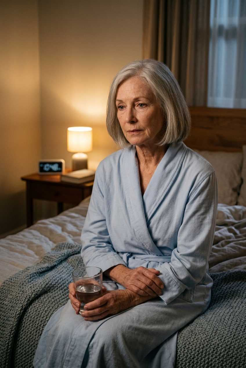 Older woman awake at night sitting on the edge of her bed by a lamp, poor sleep as a sign of loneliness