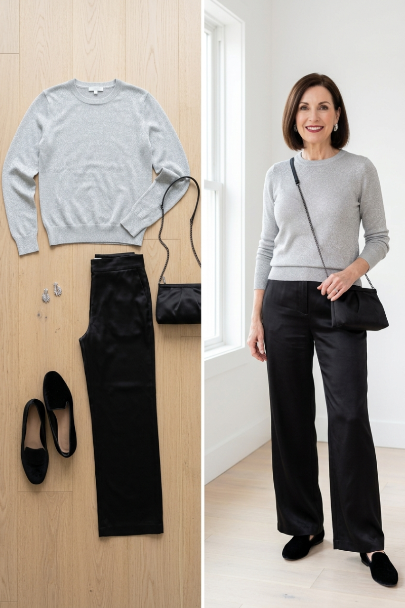 Silver sparkle knit with black satin wide-leg trousers and velvet loafers, a concert date outfit for women over 50