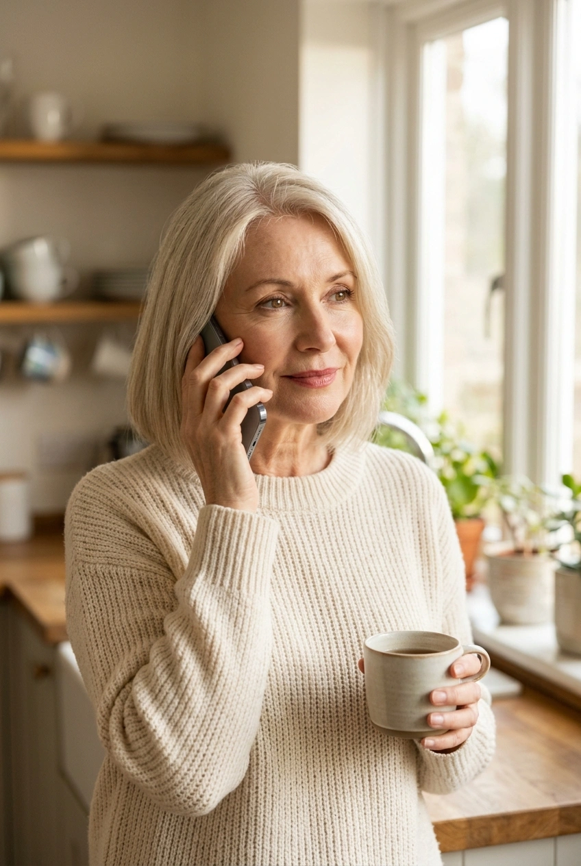 Woman over 60 making a hopeful phone call to a family member by her kitchen window
