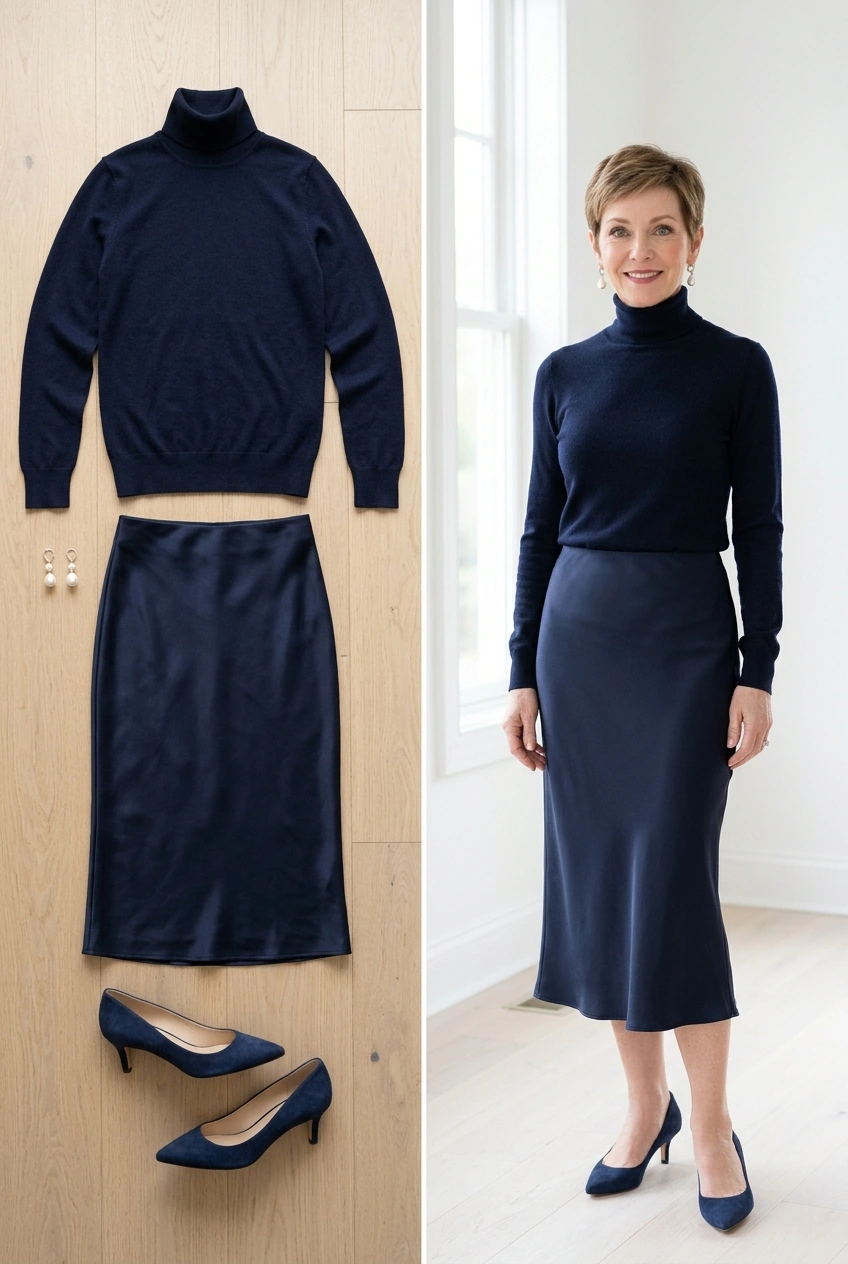 Petite woman over 50 in a navy turtleneck and navy satin midi skirt with pointed pumps for Christmas dinner