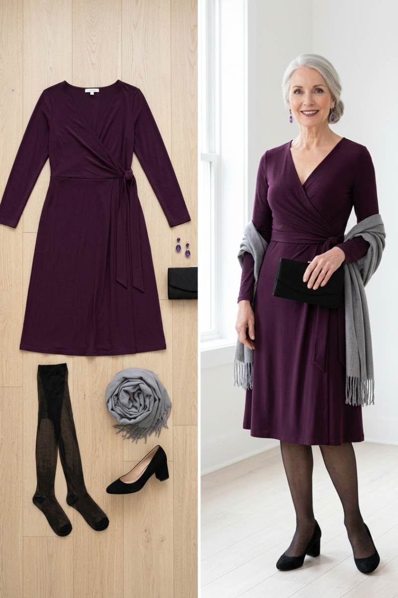 Plum wrap dress with black tights, suede pumps and a pashmina, a theater date outfit for women over 50
