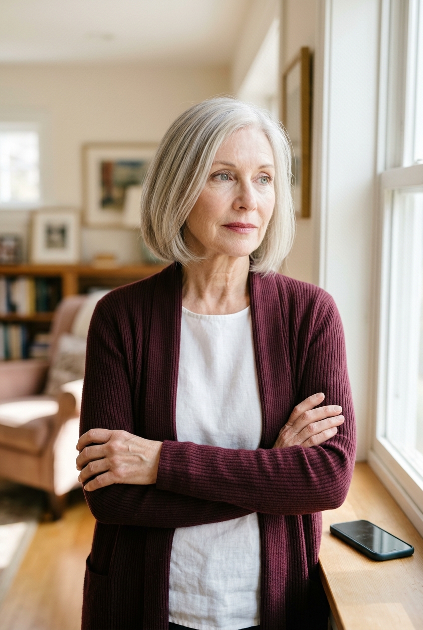 Older woman with arms folded looking guarded by a window, irritability as a hidden sign of loneliness