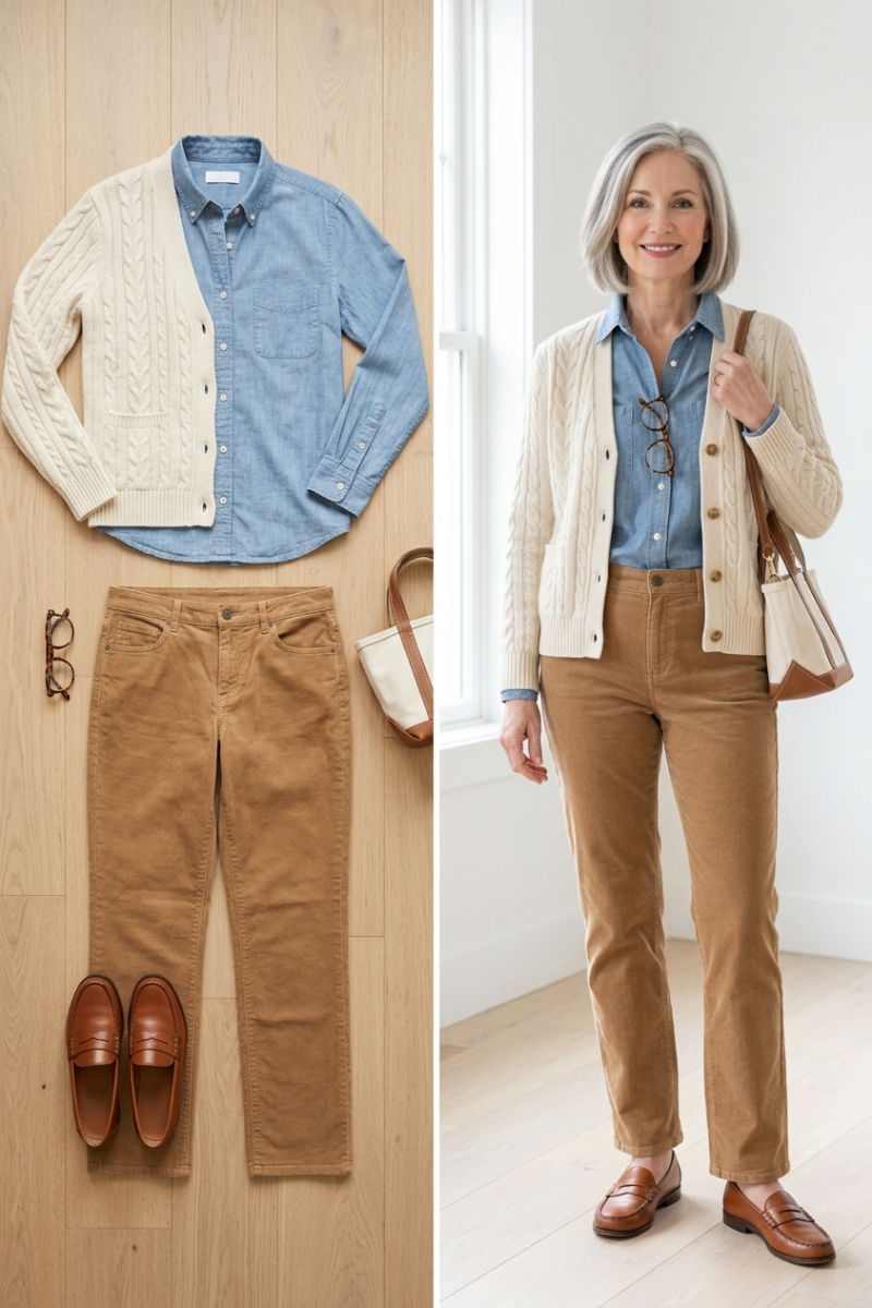 Cream cable cardigan with a chambray shirt and camel corduroy trousers, a coffee date outfit for women over 50