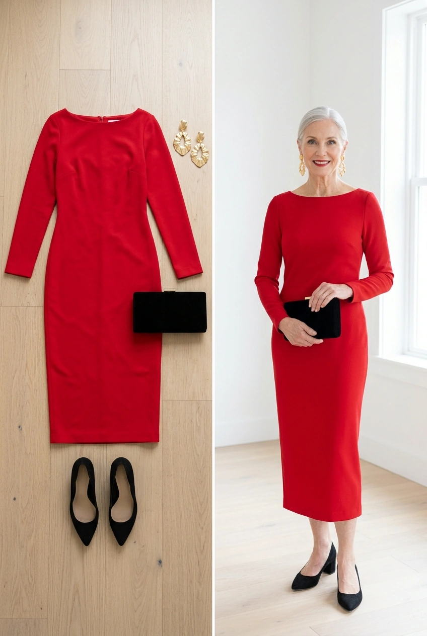 Long-sleeve red crepe midi column dress with gold earrings, a formal Christmas dinner outfit for women over 50