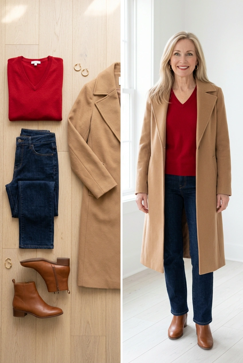 Red cashmere sweater with dark jeans and a camel coat, a casual holiday outfit for women over 50