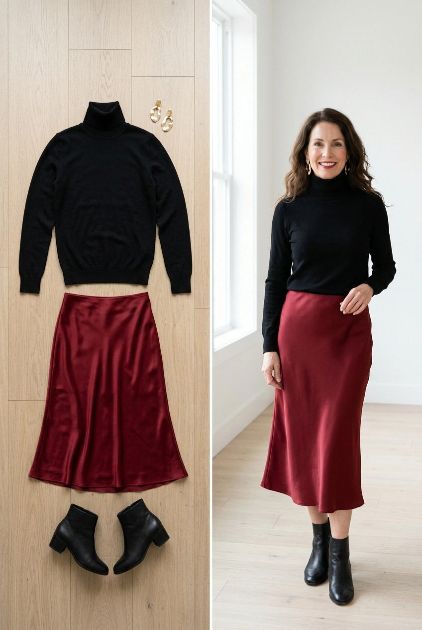 Black turtleneck with a red satin midi skirt and black boots, a Christmas dinner outfit for women over 50
