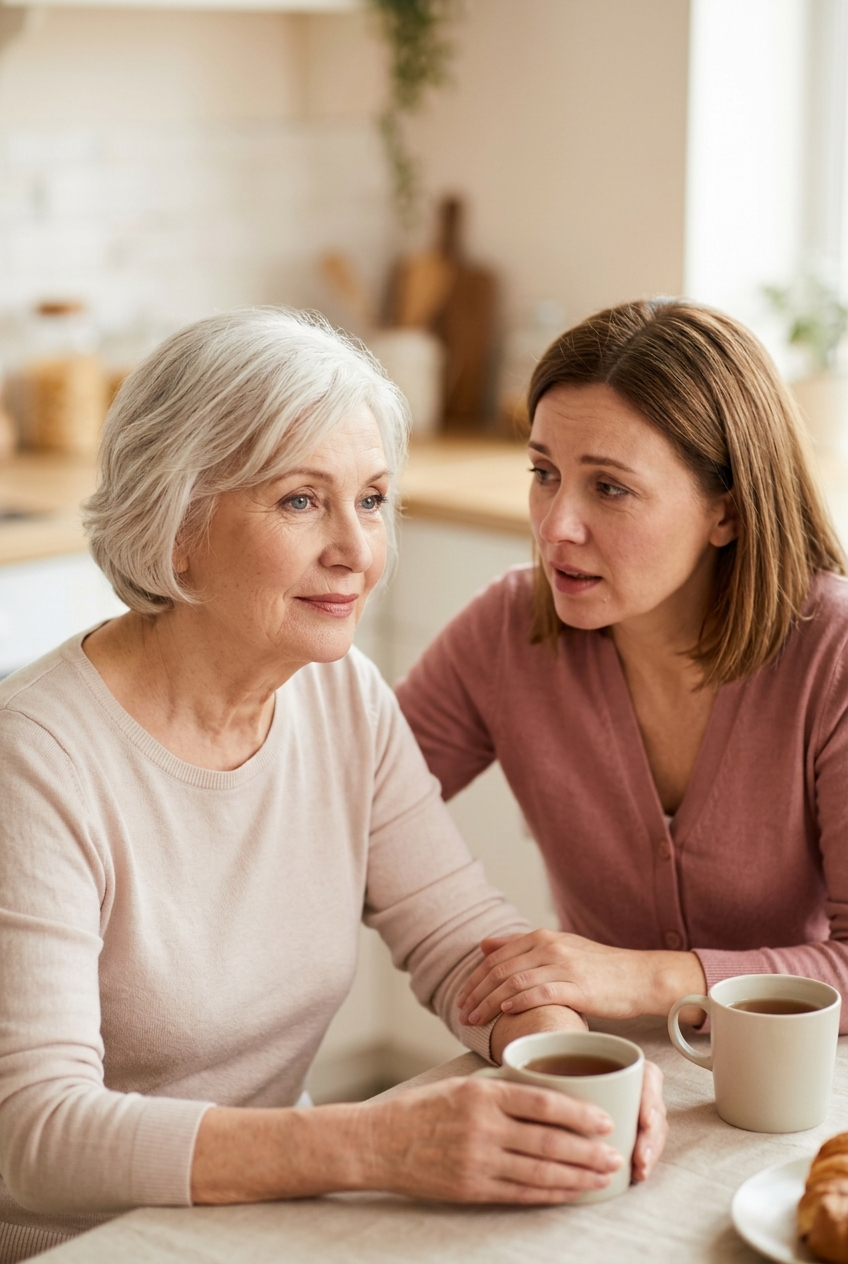 Woman in her 70s sharing her grief with her daughter, who listens closely at the kitchen table
