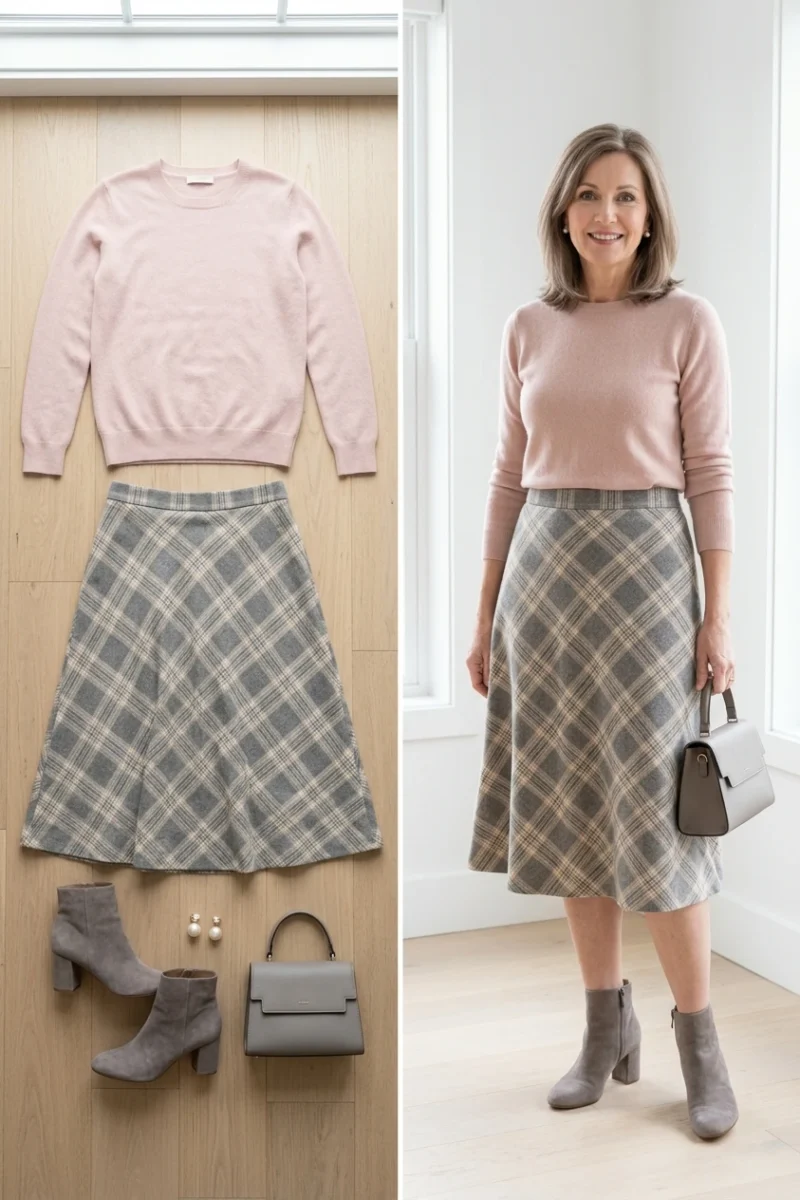 Blush pink cashmere sweater with a gray plaid midi skirt and suede boots, a brunch date outfit for women over 50