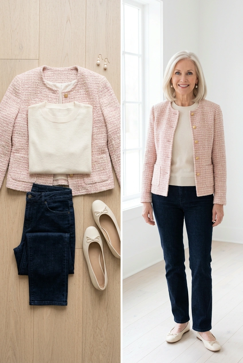 Pink tweed jacket over a cream knit with dark jeans, a holiday brunch outfit for women over 50