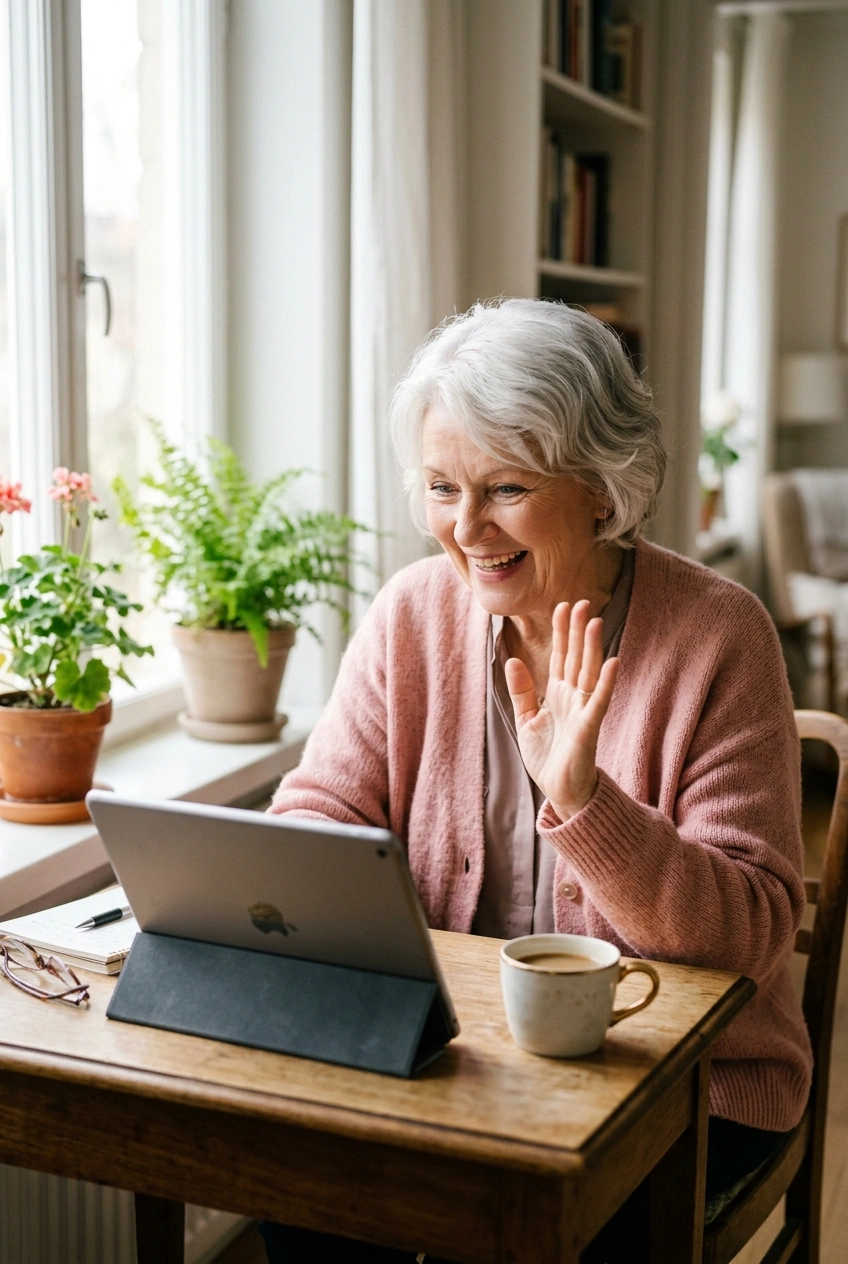 Woman in her 70s laughing on a video call with an old friend on a tablet