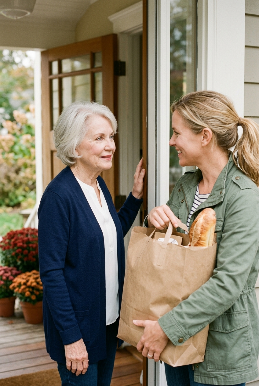 Friendly neighbor bringing groceries and checking in on a woman in her 70s at her front door