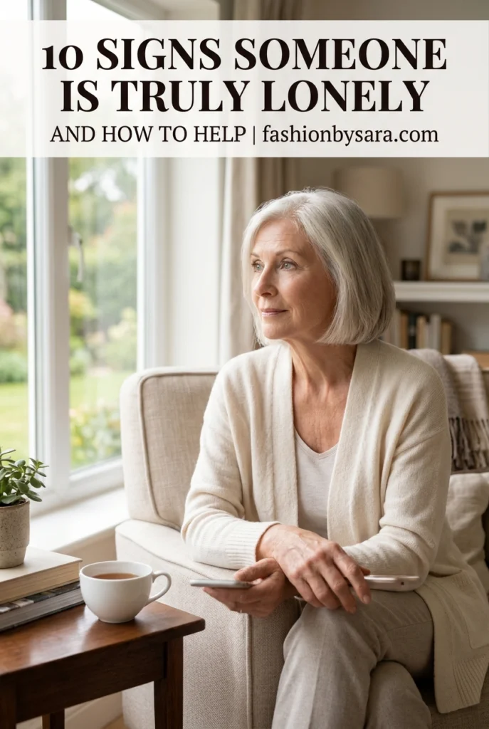 Older woman with a silver bob looking out a window while holding a phone, a sign someone is lonely