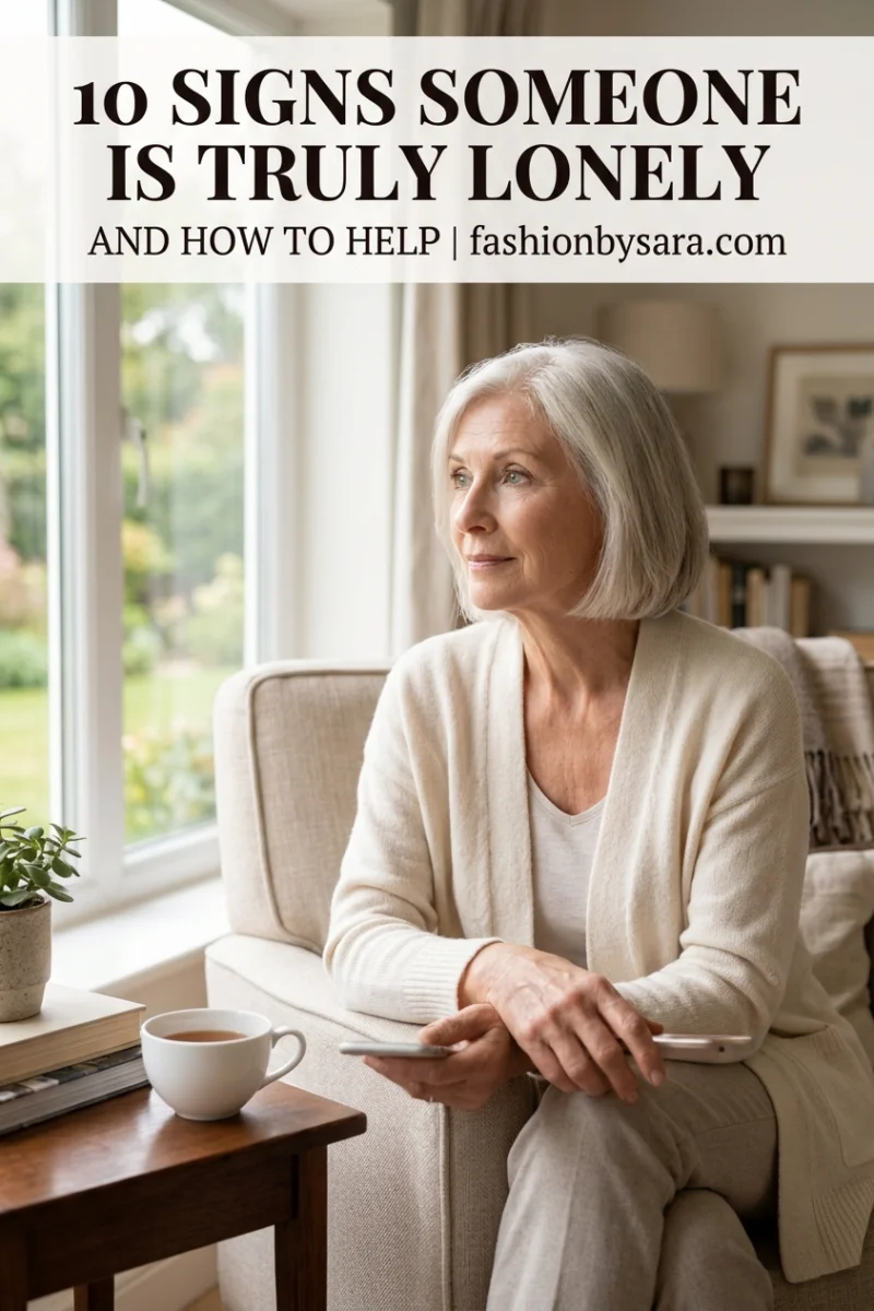 Older woman with a silver bob looking out a window while holding a phone, a sign someone is lonely