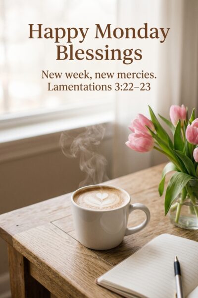 Monday blessings with coffee and pink tulips