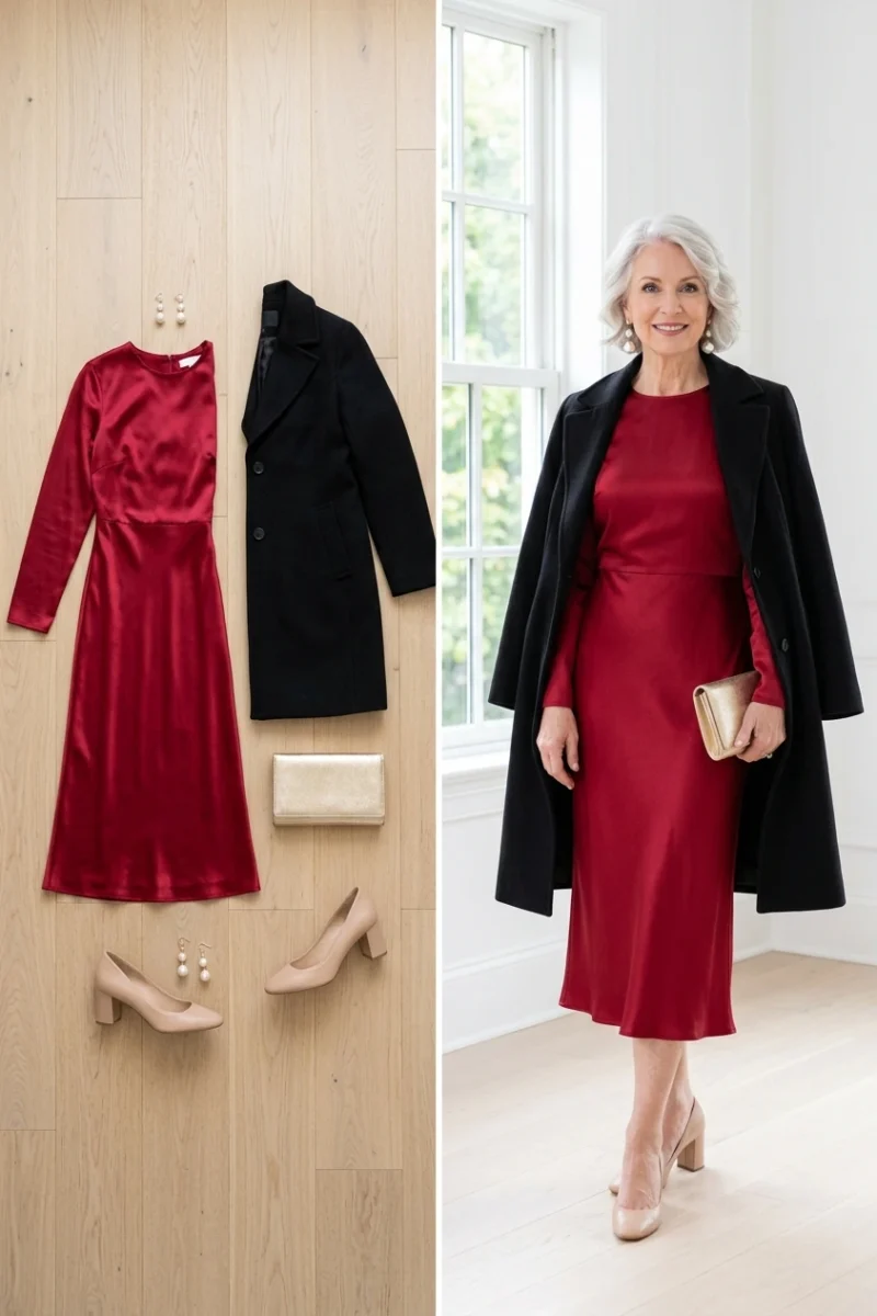 Ruby red satin long-sleeve midi dress with pearl earrings, an anniversary date outfit for women over 50