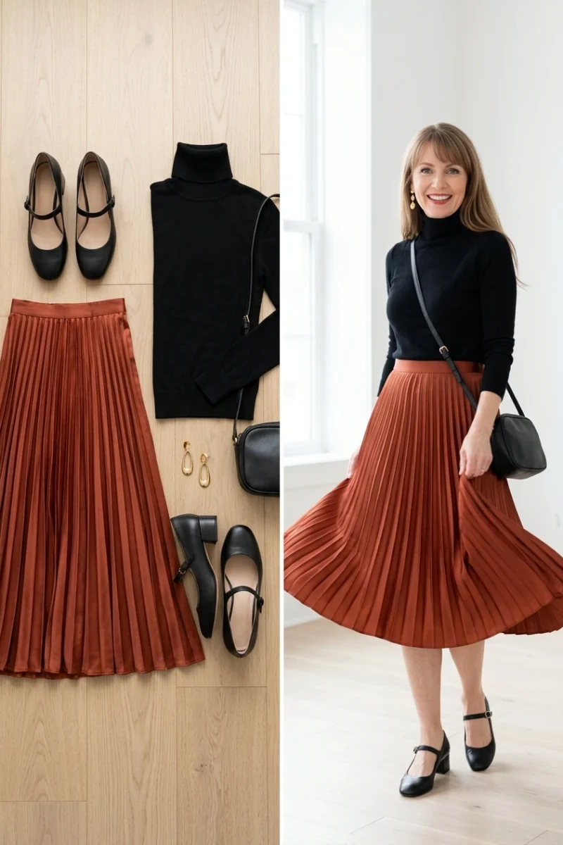 Rust satin pleated midi skirt with a black fitted turtleneck and Mary Jane shoes, a dancing date outfit for women over 50
