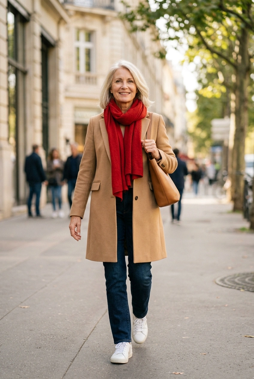 Confident woman over 60 striding down a city sidewalk in a camel coat and red scarf