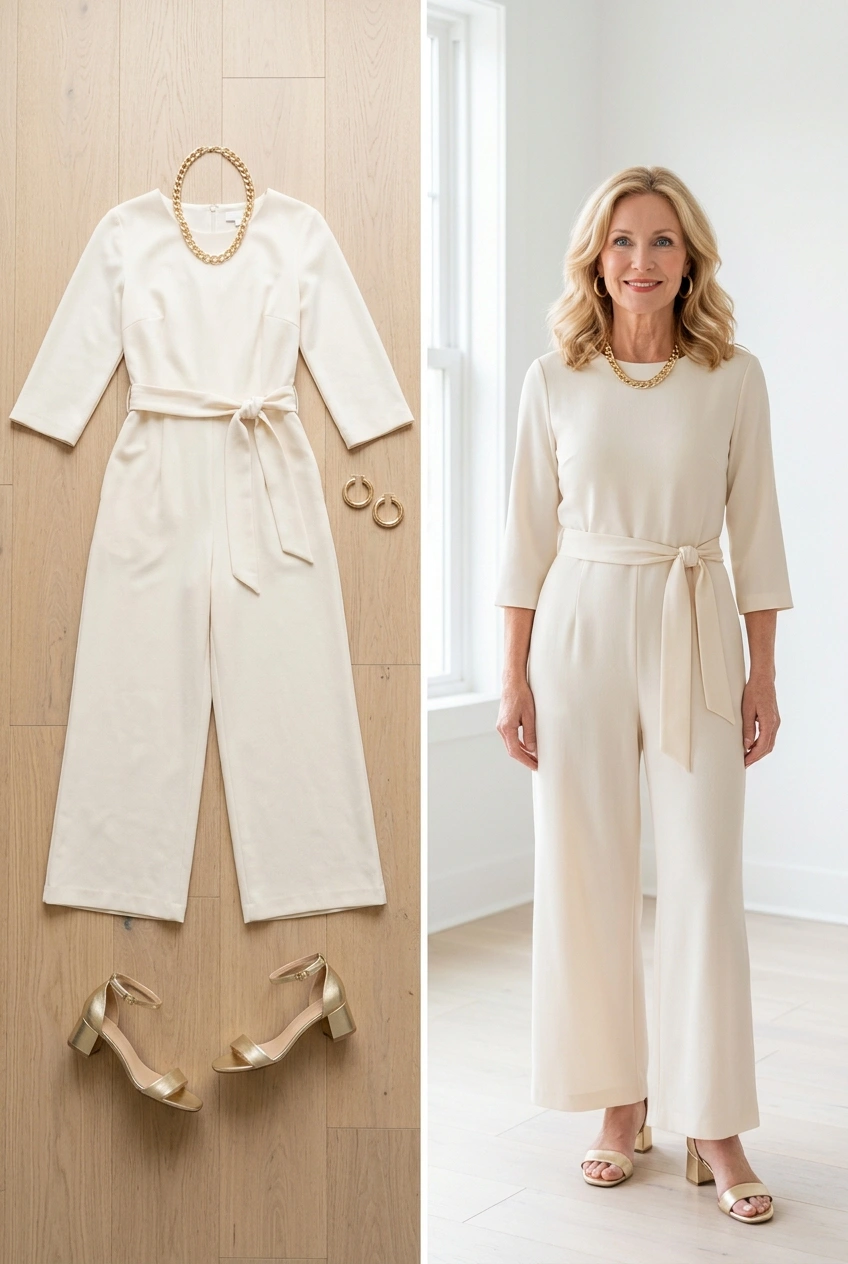 Cream crepe wide-leg jumpsuit with gold jewelry and sandals, a warm-weather Christmas dinner outfit for women over 50