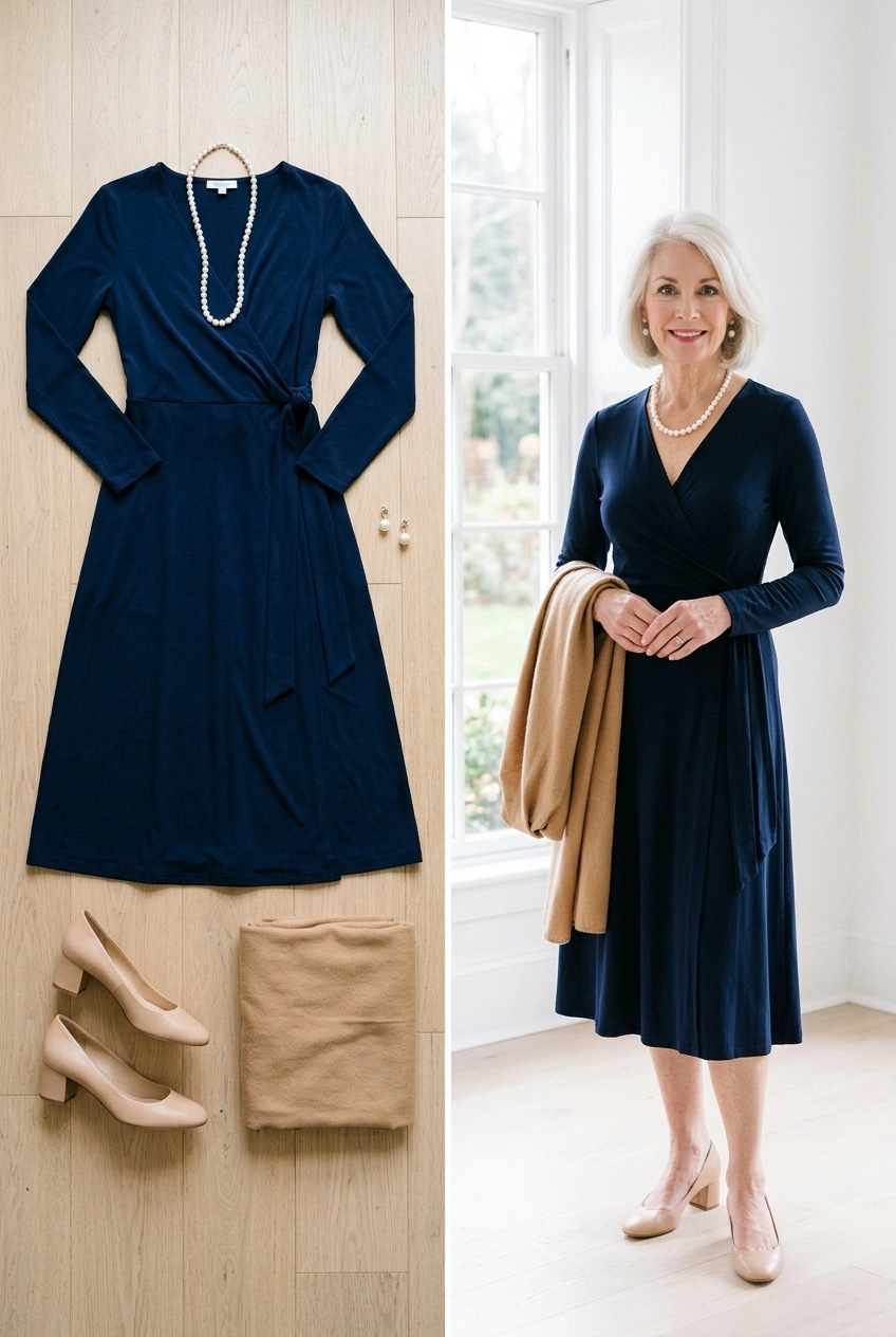 Navy jersey wrap dress with a pearl necklace and nude pumps, a Christmas dinner outfit for women over 50
