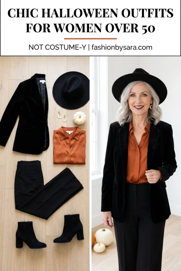 Chic Halloween outfit for women over 50, a black velvet blazer, orange silk blouse and wide-brim hat shown as a flat lay and worn