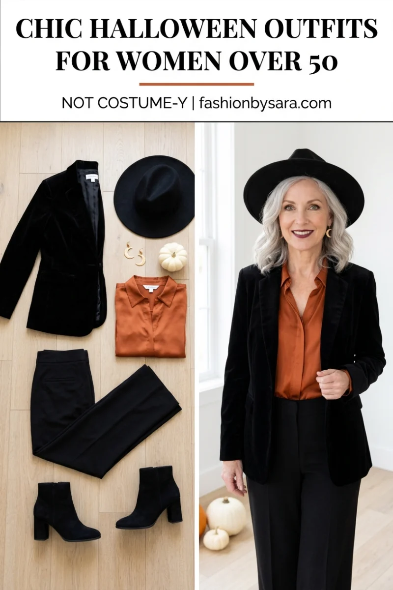 Chic Halloween outfit for women over 50, a black velvet blazer, orange silk blouse and wide-brim hat shown as a flat lay and worn