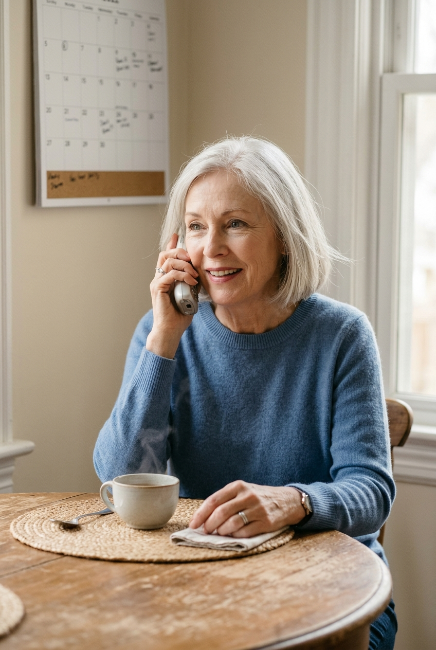 Alt text: Older woman smiling on the phone while sitting alone at a kitchen table, saying she is lonely as a joke