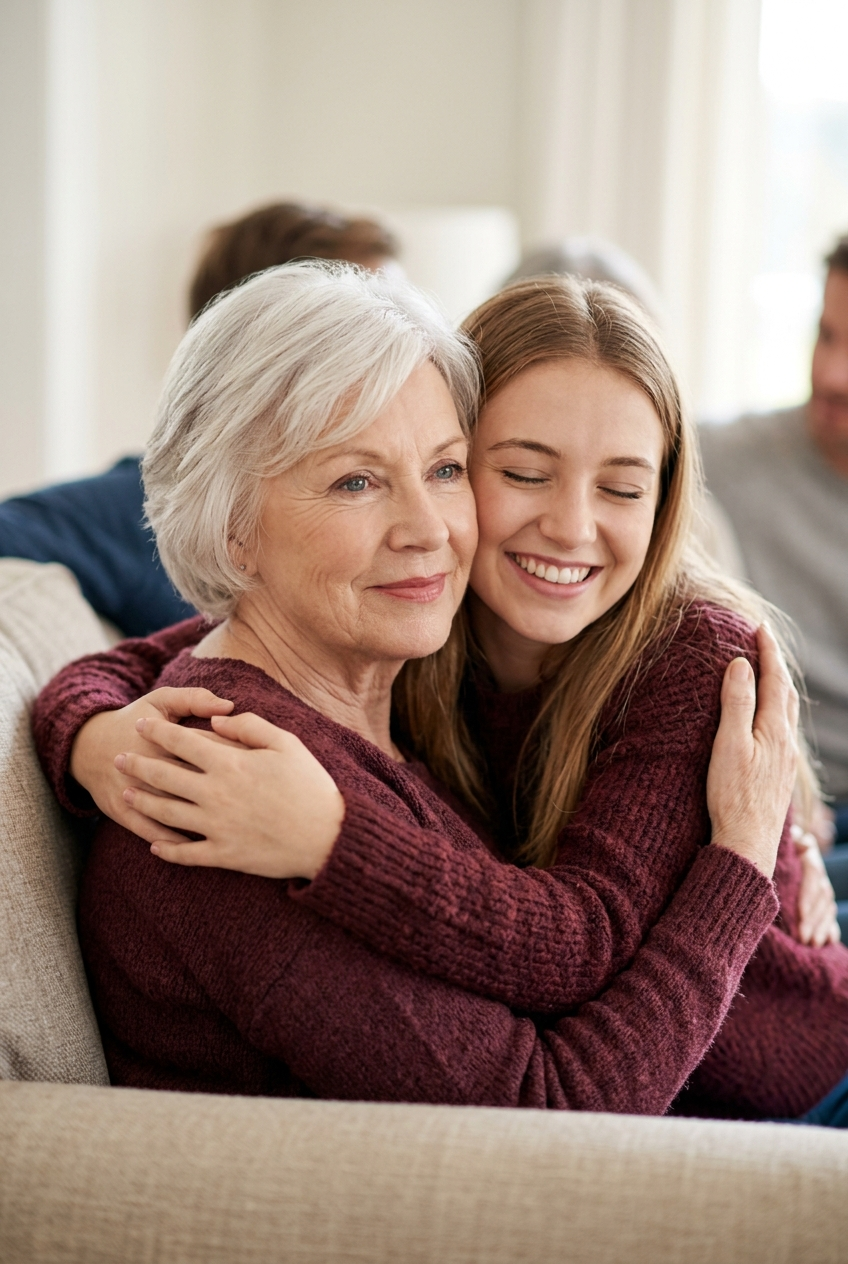 Granddaughter hugging her grandmother in her 70s at a family gathering