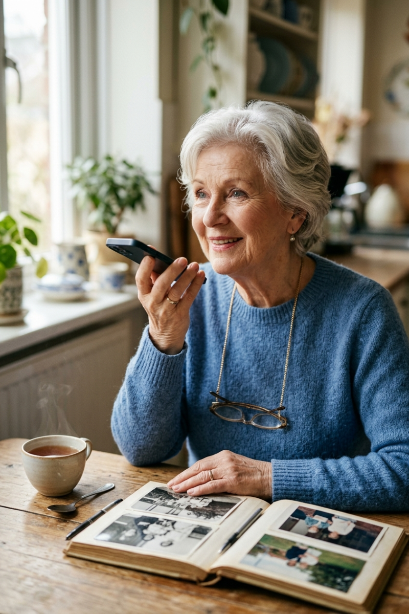 Woman in her 70s recording her memories on a phone with an old photo album