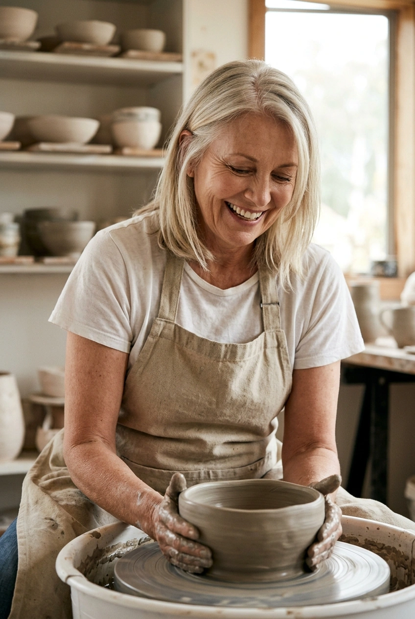 Woman over 60 learning pottery on a wheel and laughing in a sunny studio