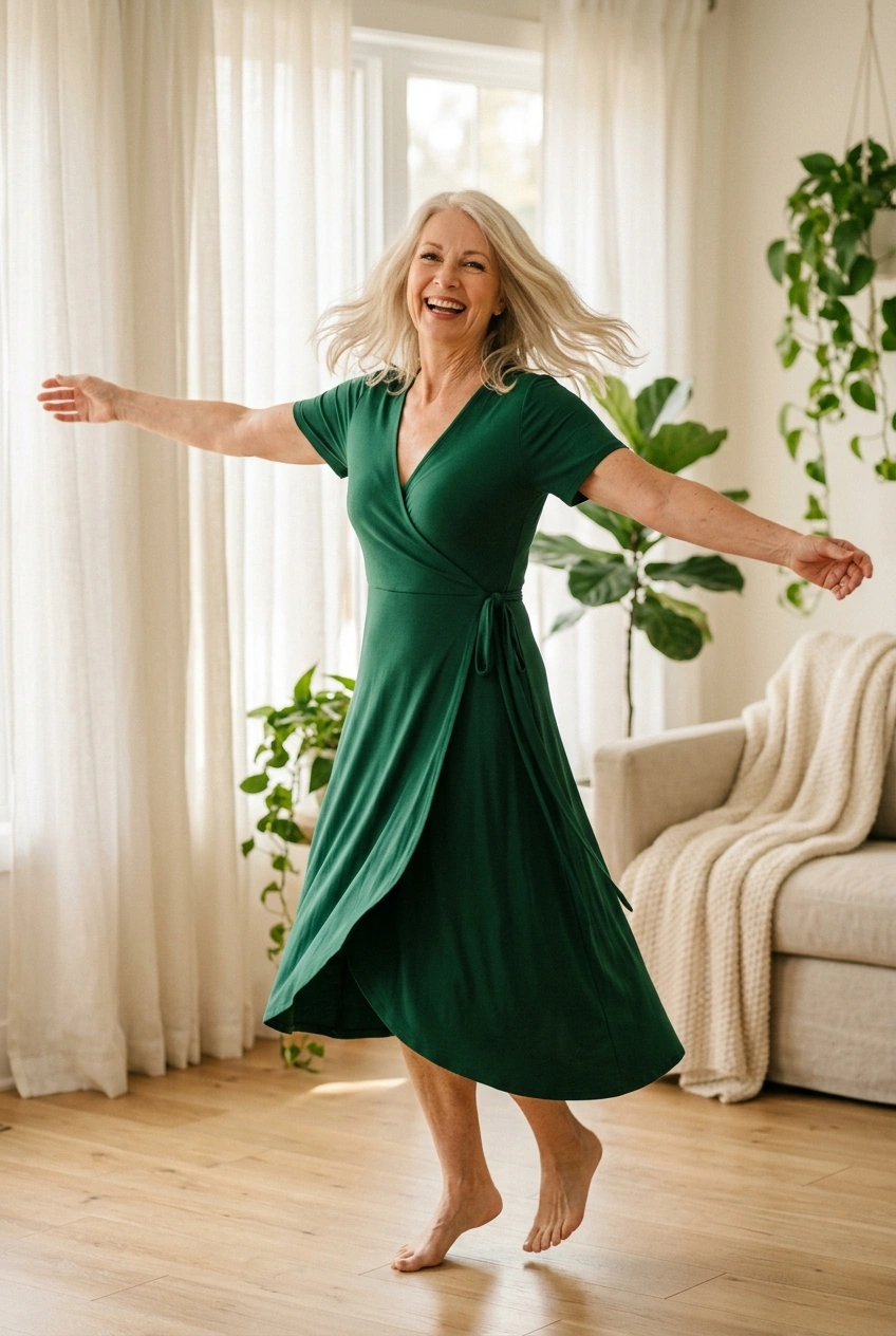 Joyful woman over 60 dancing barefoot in her sunny living room, living life on her own terms