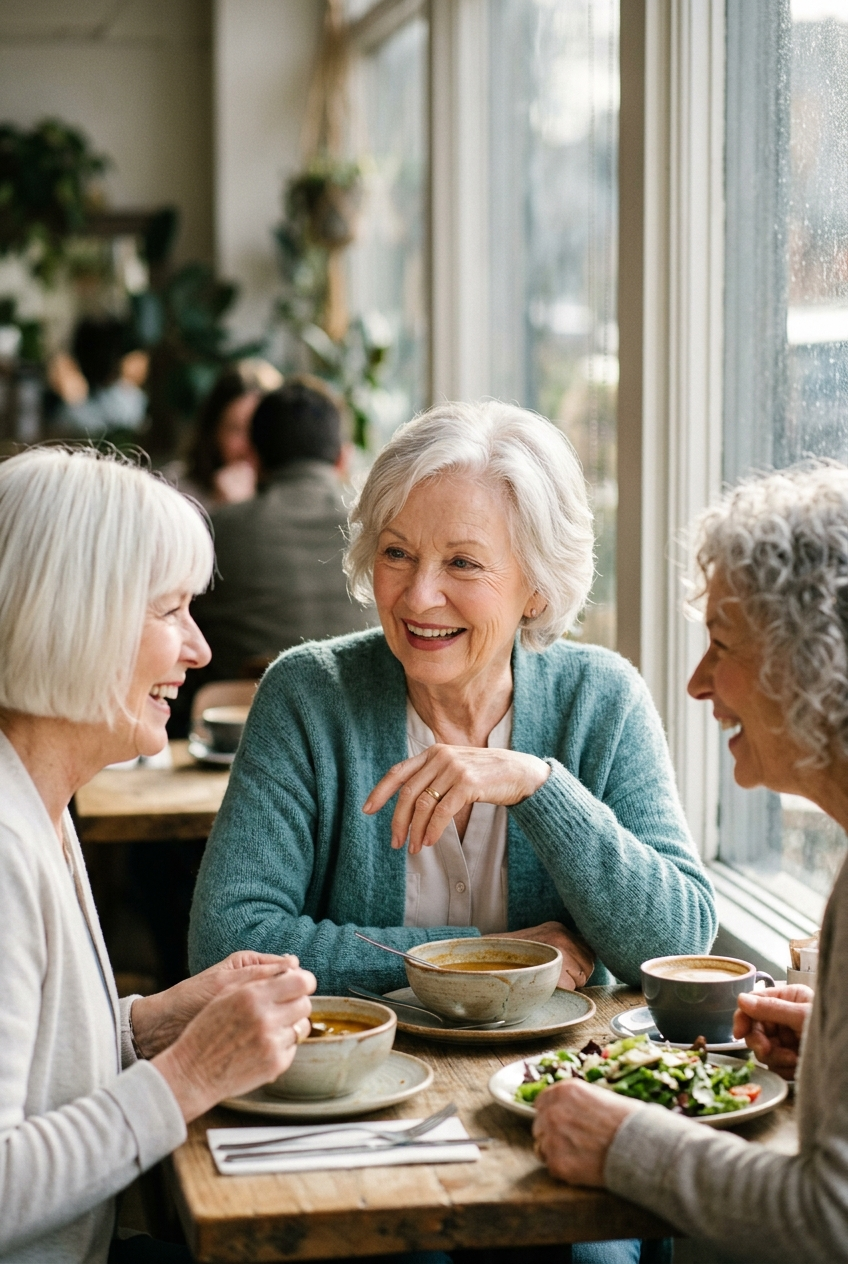 Woman in her 70s sharing lunch and laughter with other widowed women at a café