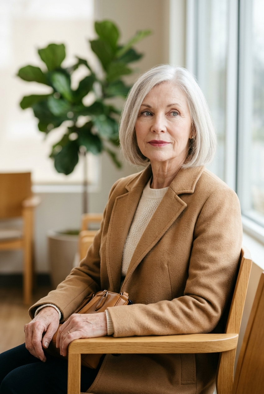 Older woman sitting in a doctor's waiting room holding her purse, illustrating more doctor visits as a sign of loneliness