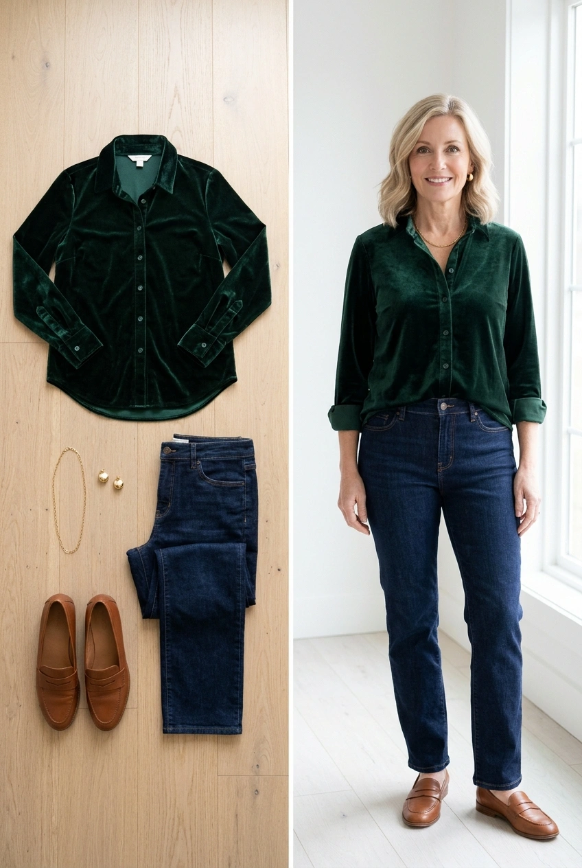 Deep green velvet shirt with dark jeans and loafers, a relaxed Christmas dinner outfit for women over 50