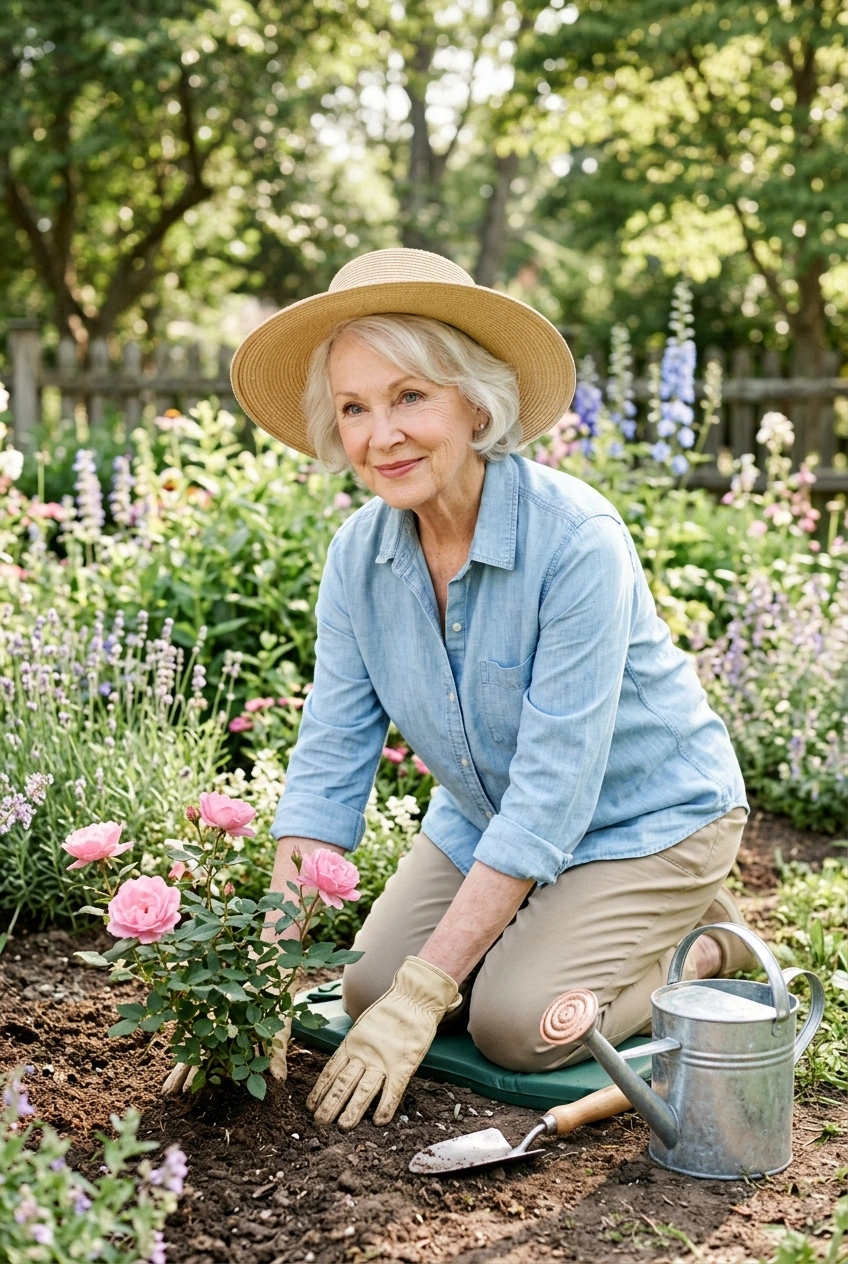 Woman in her 70s planting a rose bush in her garden in memory of a dear friend