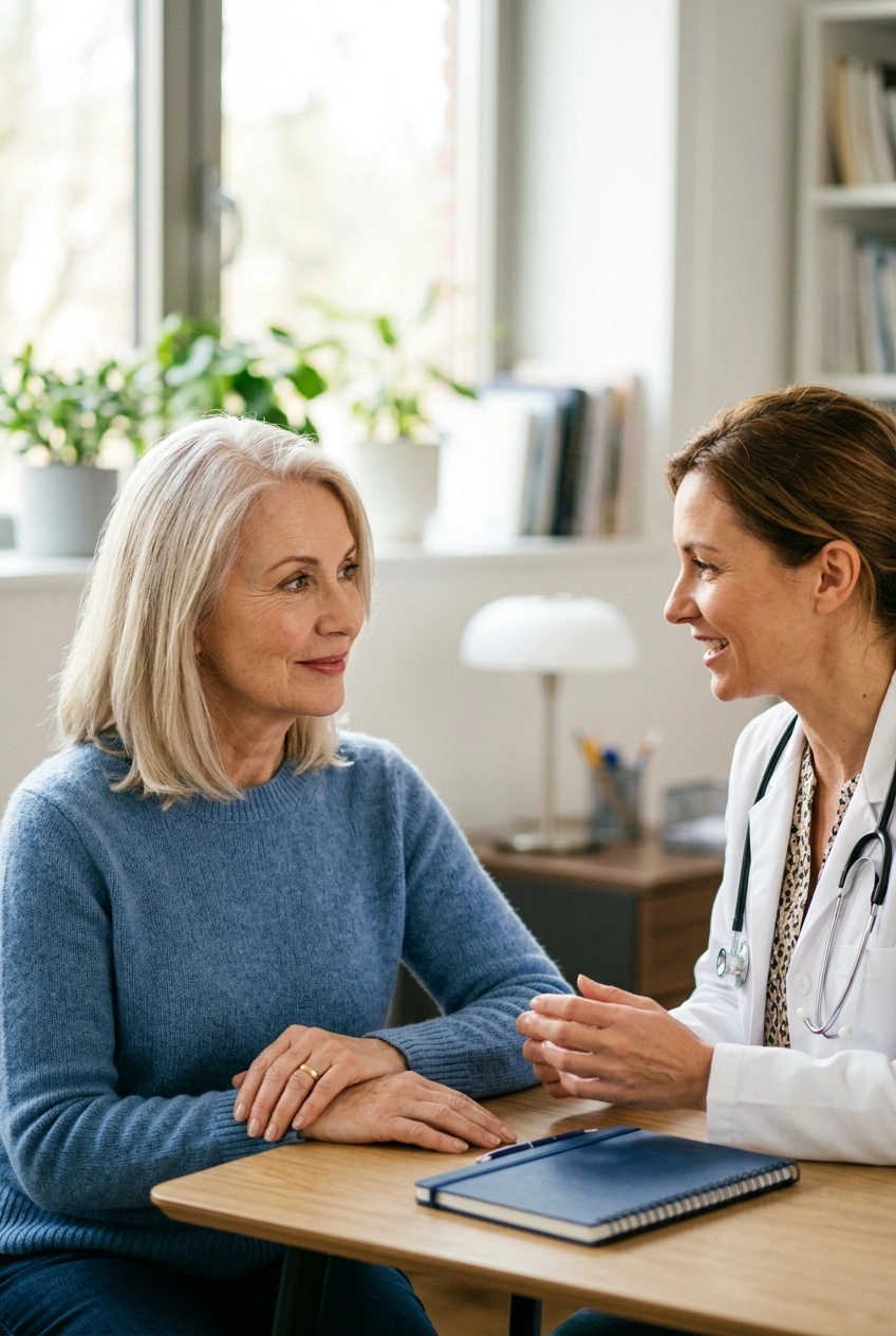 Woman over 60 smiling with her doctor at a routine checkup