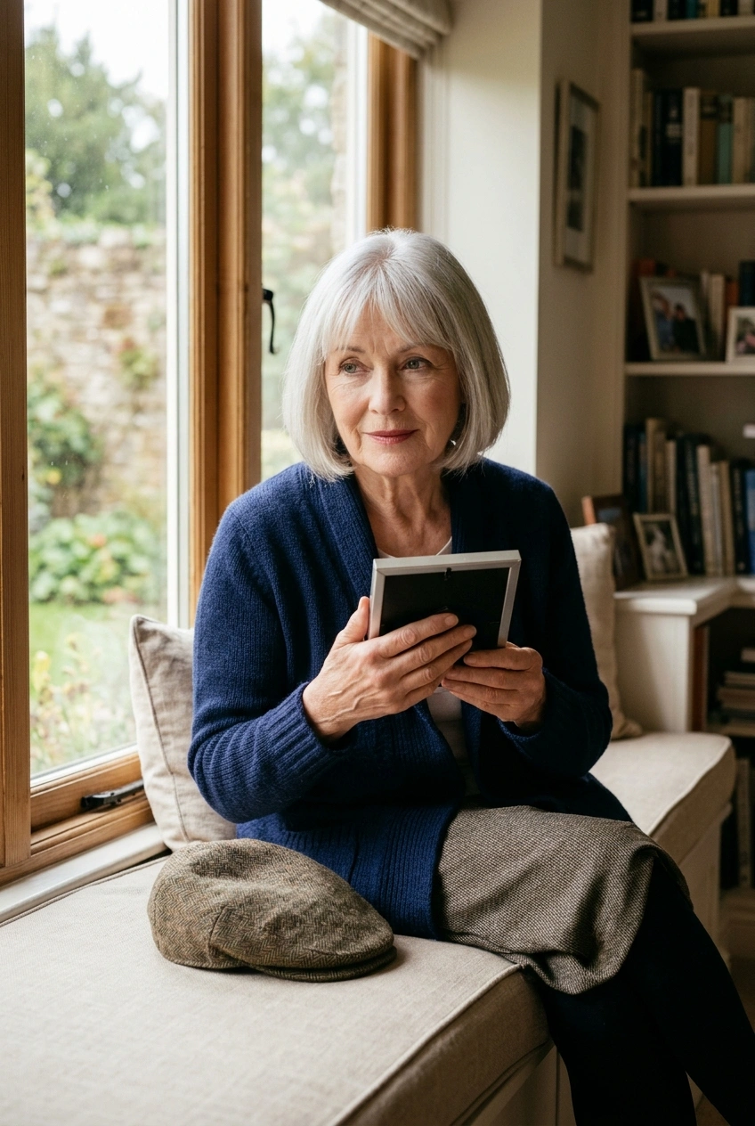 Older woman holding a framed photo of her late husband, a recent loss as a risk factor for loneliness