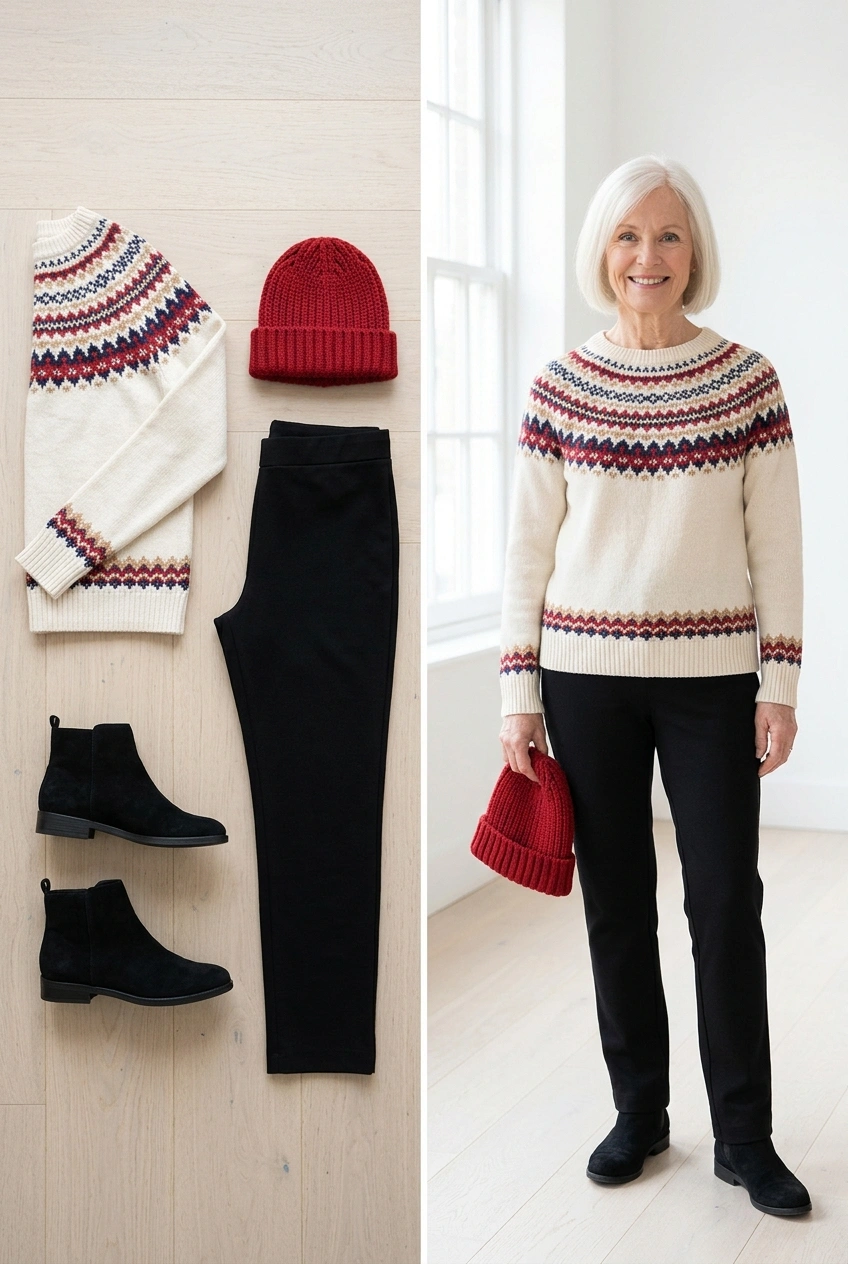 Fair Isle sweater with black ponte pants and boots, a cozy holiday outfit for women over 50