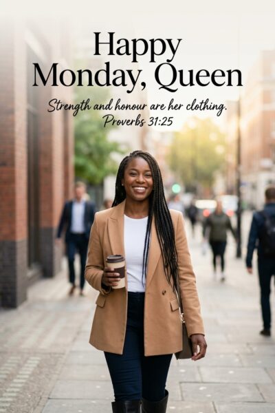 Monday blessings for Black women with a smiling woman heading to work.
