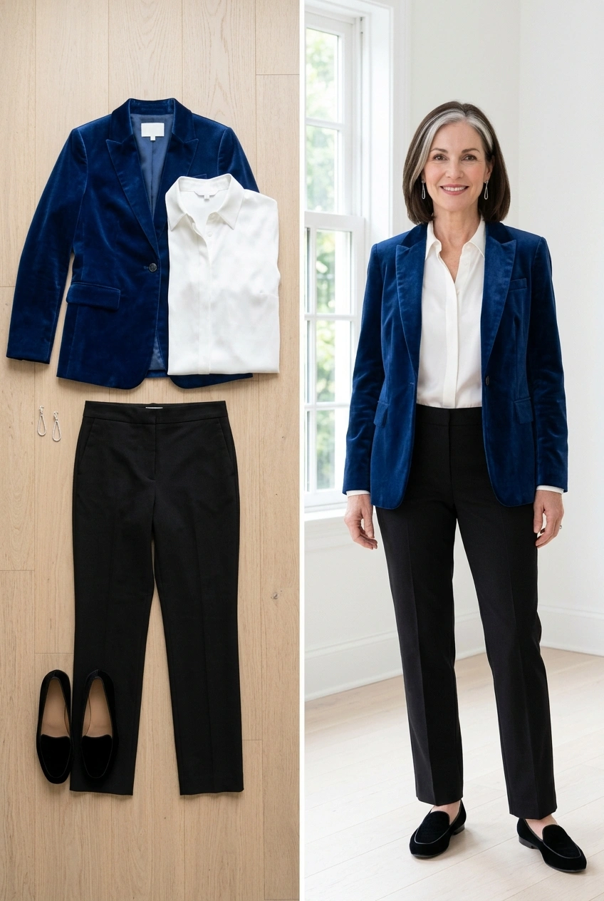 Sapphire blue velvet blazer with a white blouse and black trousers, a Hanukkah dinner outfit for women over 50