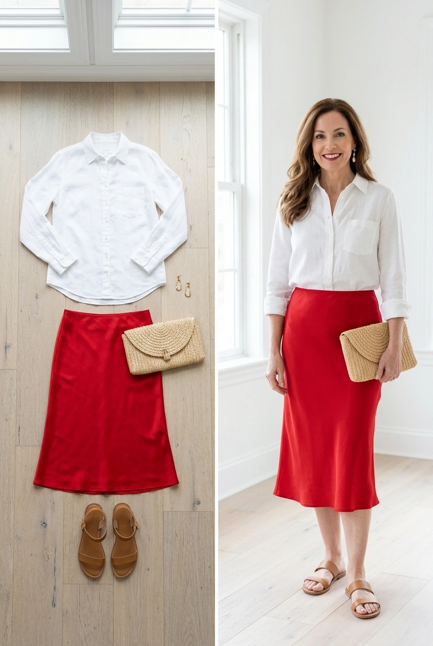 White linen shirt with a red silk midi skirt and sandals, a warm-weather Christmas dinner outfit for women over 50