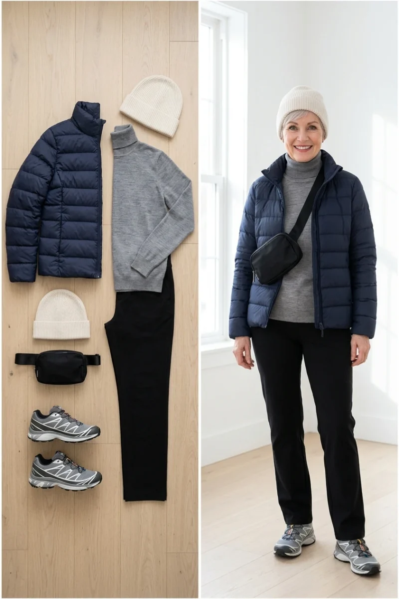 Navy puffer jacket with a gray turtleneck, stretch pants and trail sneakers, a fall walk date outfit for women over 50
