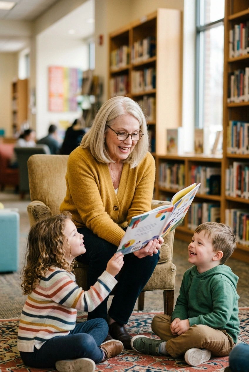 Woman over 60 finding new purpose reading to children as a library volunteer