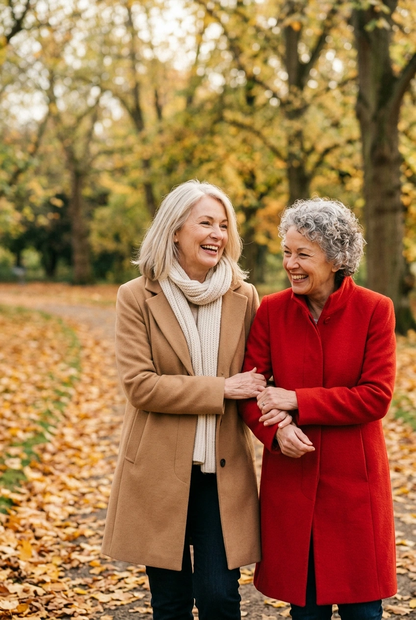 Two women in their 60s walking arm in arm and laughing on an autumn park path