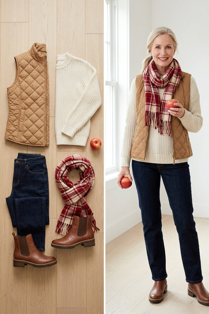 Camel quilted vest with a cream fisherman sweater, jeans and lug boots, an apple picking date outfit for women over 50