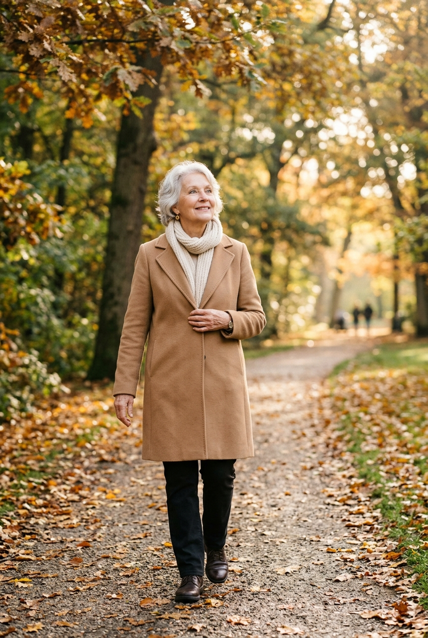 Woman in her 70s on a peaceful morning walk through a sunlit park