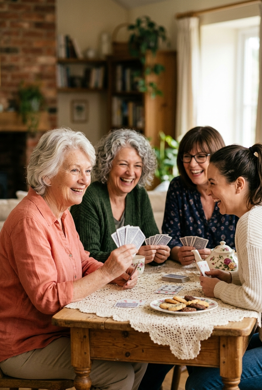 Woman in her 70s hosting a card game with new friends of different ages at her dining table