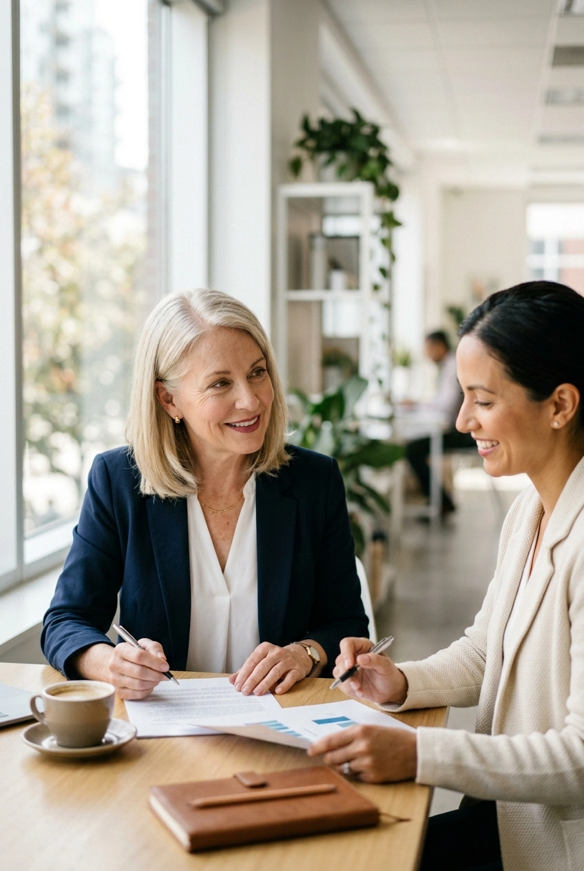 Woman in her 60s reviewing her retirement plan with a financial planner