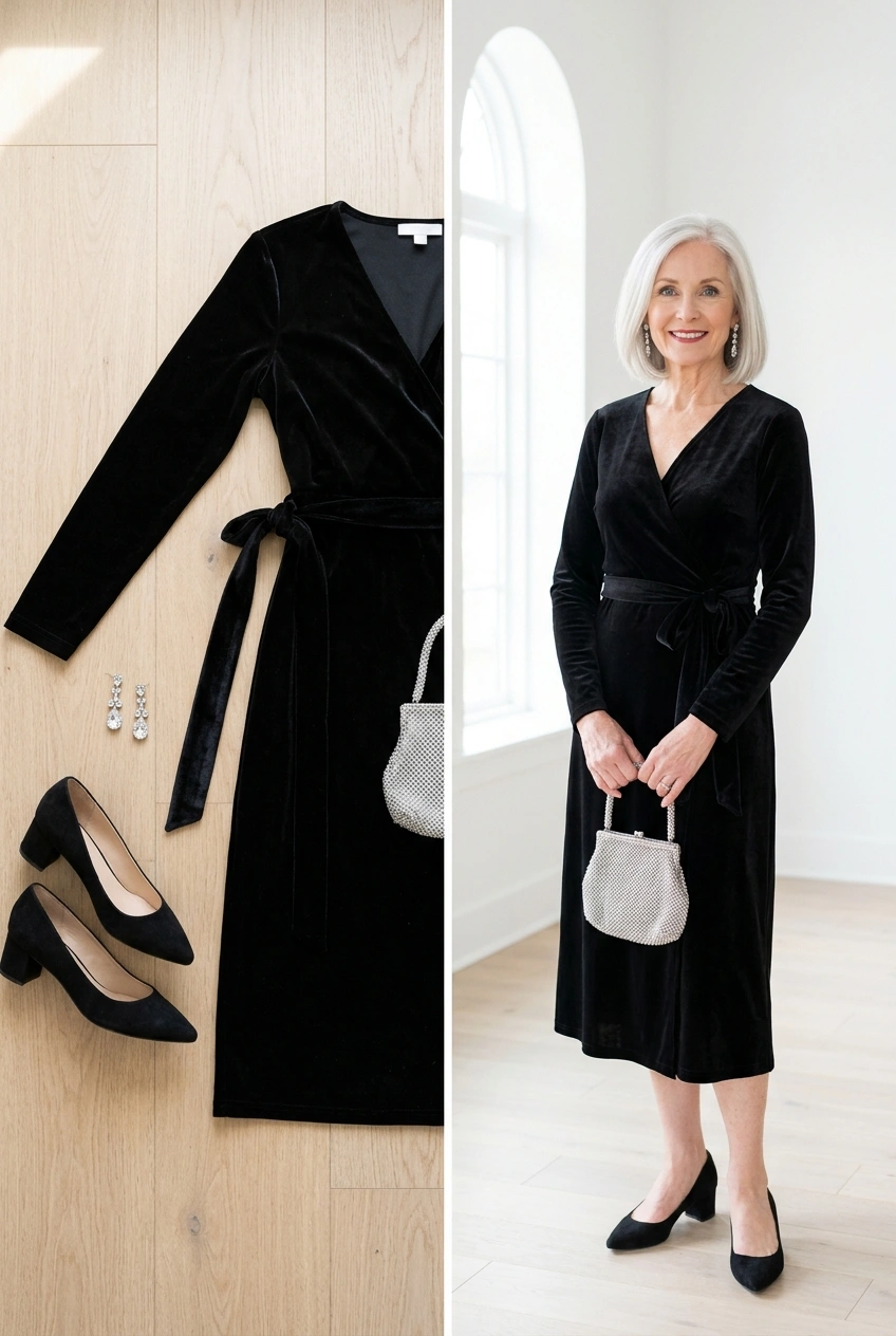 Black velvet wrap dress with crystal earrings and pumps, a holiday party outfit for women over 50