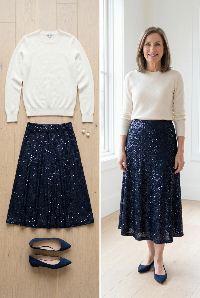 Ivory cashmere sweater with a midnight navy sequin midi skirt, a dressy Christmas dinner outfit for women over 50