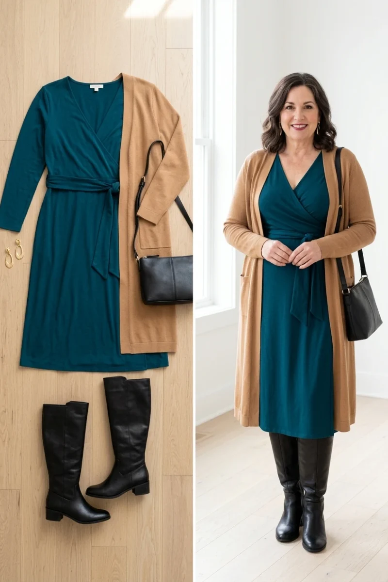 Plus-size woman over 50 in a deep teal wrap dress with a long cardigan and knee-high boots for a fall date night